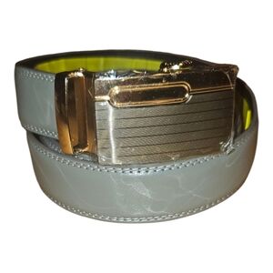 Gray Leather Belt with Gold Buckle